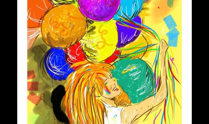 Zrzavá holka na žlutém pozadí drží spoustu duhových balonků.