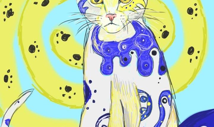 Digitální malba modrobílé kočky, která sedí na modré dece, za ní se nachází žlutomodrá spirála se spoustou malých, černých pacek.