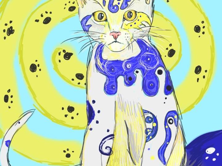 Digitální malba modrobílé kočky, která sedí na modré dece, za ní se nachází žlutomodrá spirála se spoustou malých, černých pacek.