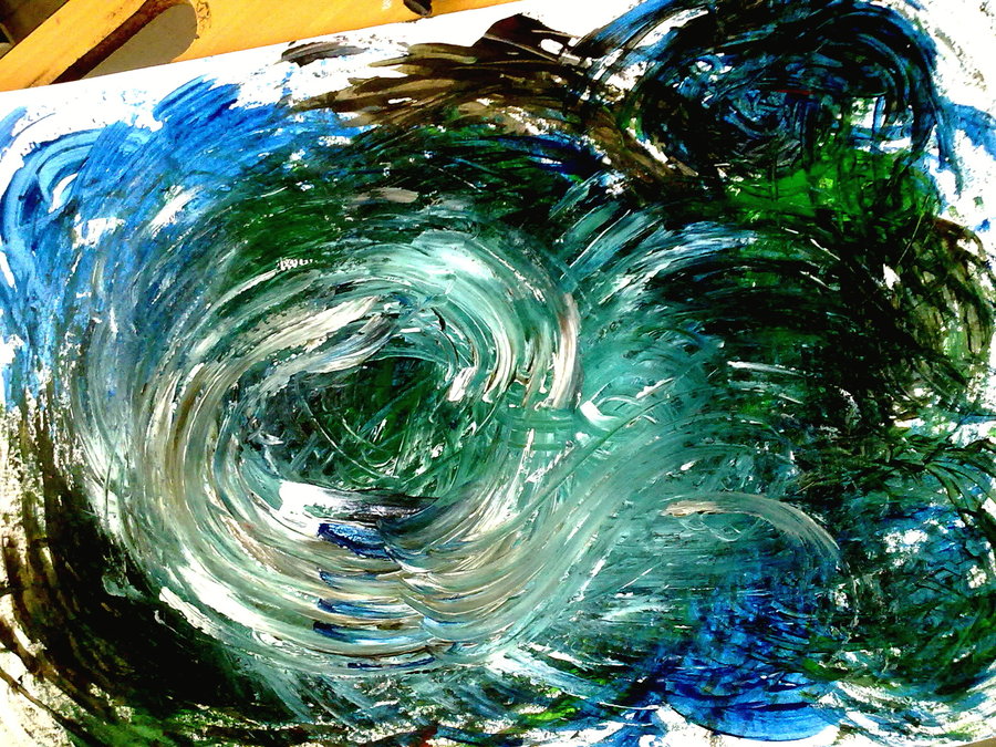 Abstraktní obraz vzniklý mícháním temperových barev na výkresu. Je tmavě modrozelený a uprostřed je bílý vír.