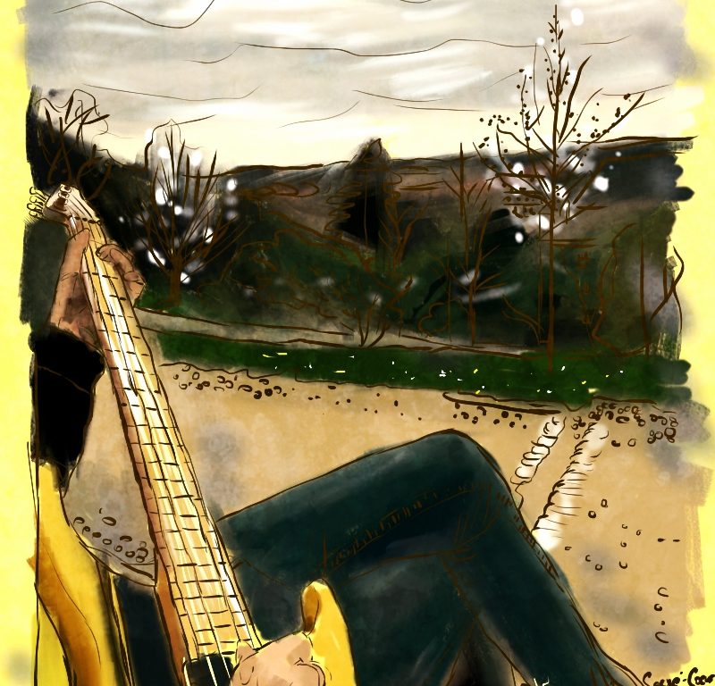 Digitální malba parku Sacre Coeur v Praze, kde vepředu na lavičce sedí postava se žlutou baskytarou.