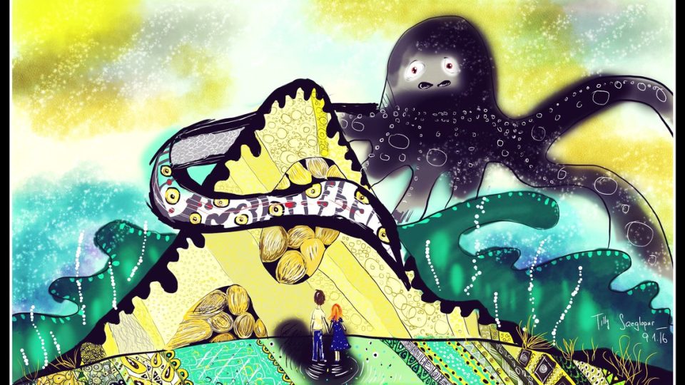 Digitální malba zrzavé dívky a vysokého muže, kteří stojí před horou, kterou z druhé strany objímá velká černá chobotnice.