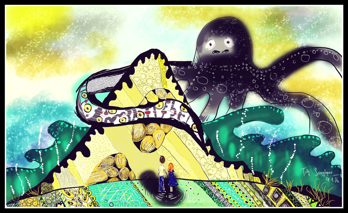 Digitální malba zrzavé dívky a vysokého muže, kteří stojí před horou, kterou z druhé strany objímá velká černá chobotnice.