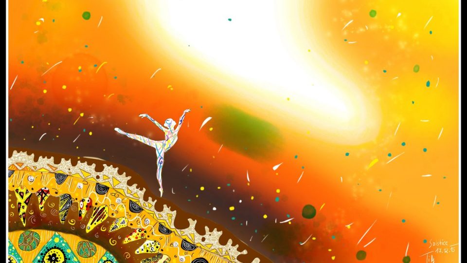 Digitální malba veselé postavy - bílé figury, která tančí na obrovském kameni se spoustou barevných detailů, v pozadí oranžové nebe a spoustu barevných teček.