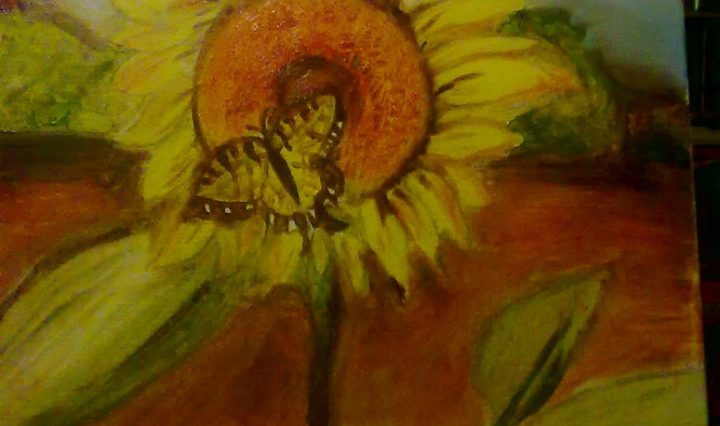 Obraz slunečnice a motýla na plátně malovaný temperovými barvami.