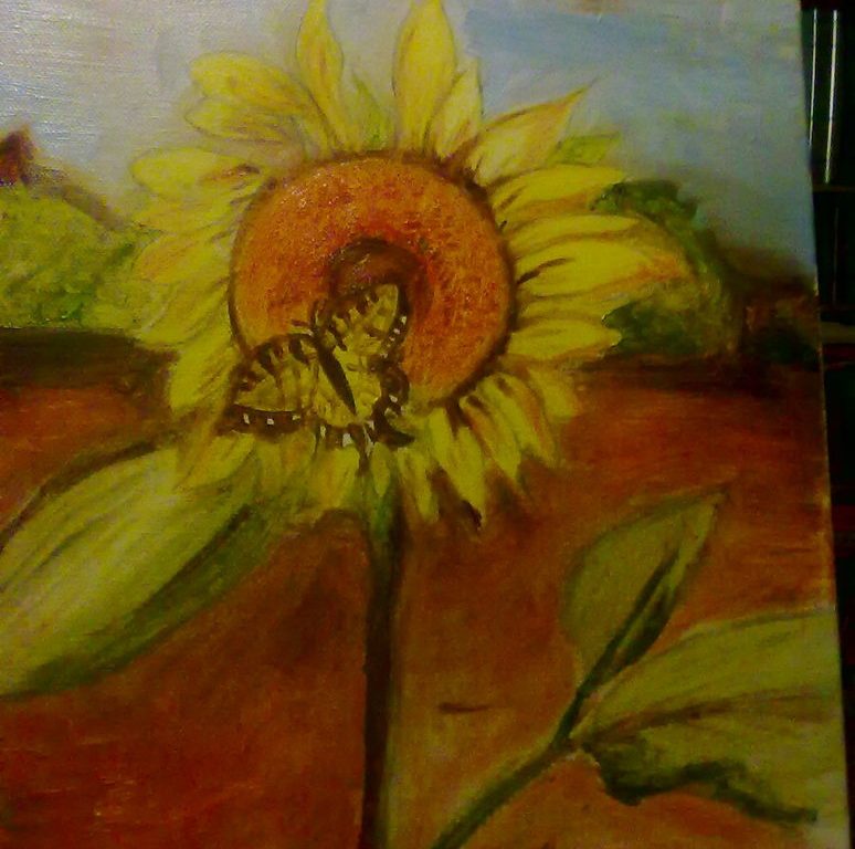 Obraz slunečnice a motýla na plátně malovaný temperovými barvami.
