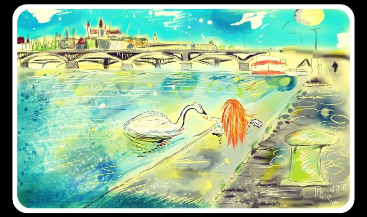 Digitální malba zrzavé holky, která sedí na Náplavce s obrovskou labutí.