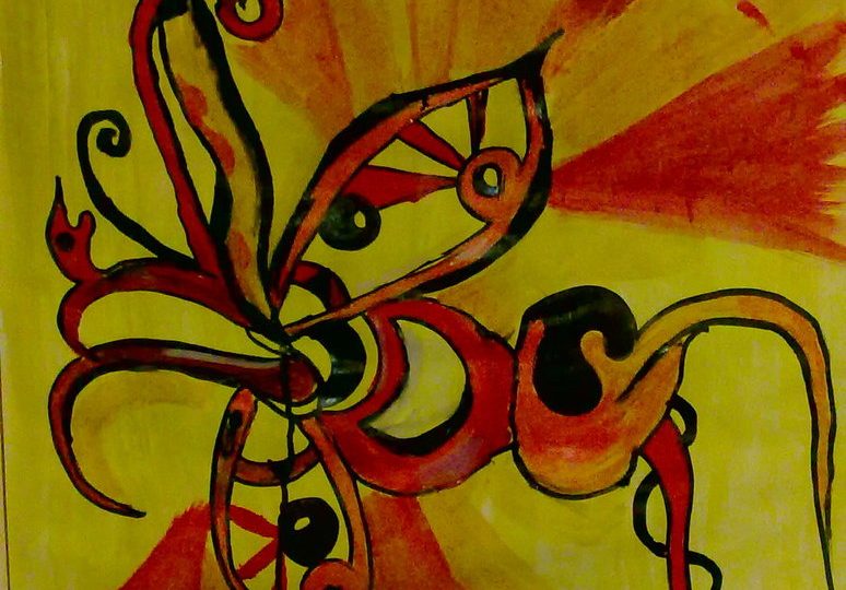 Malba ornamentního motýla na oranžovožlutém pozadí.