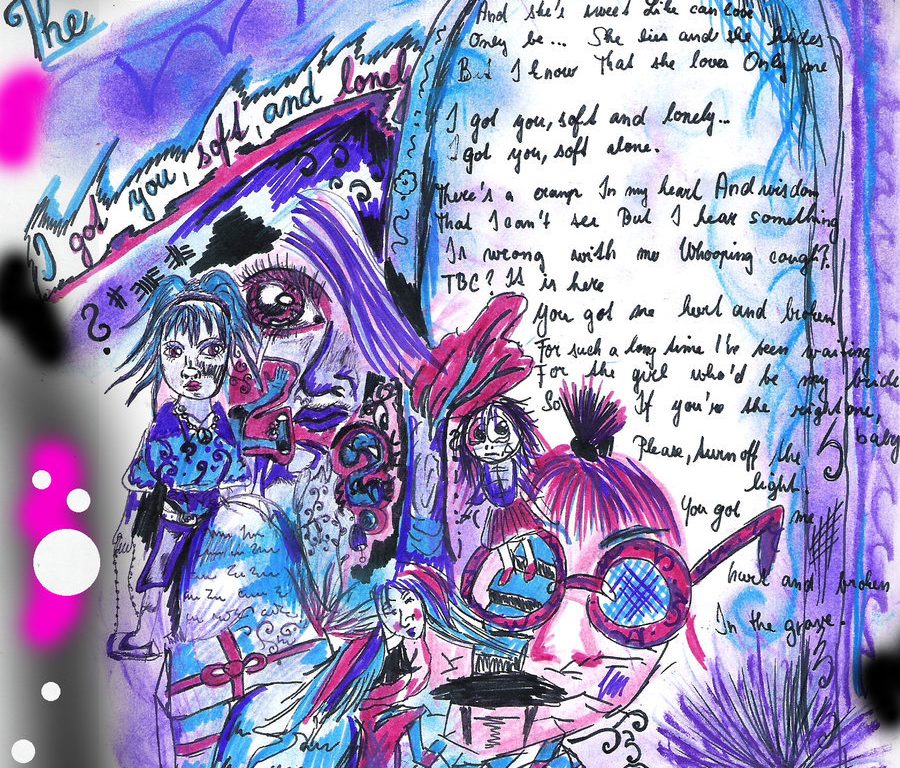 Ilustrace v modrofialové barvě k písničce Graveyard of J. G. Midgeyho. Na obrázku je spousta barevných detailů, osoba s velkými brýlemi, text písně je napsán na náhrobku.