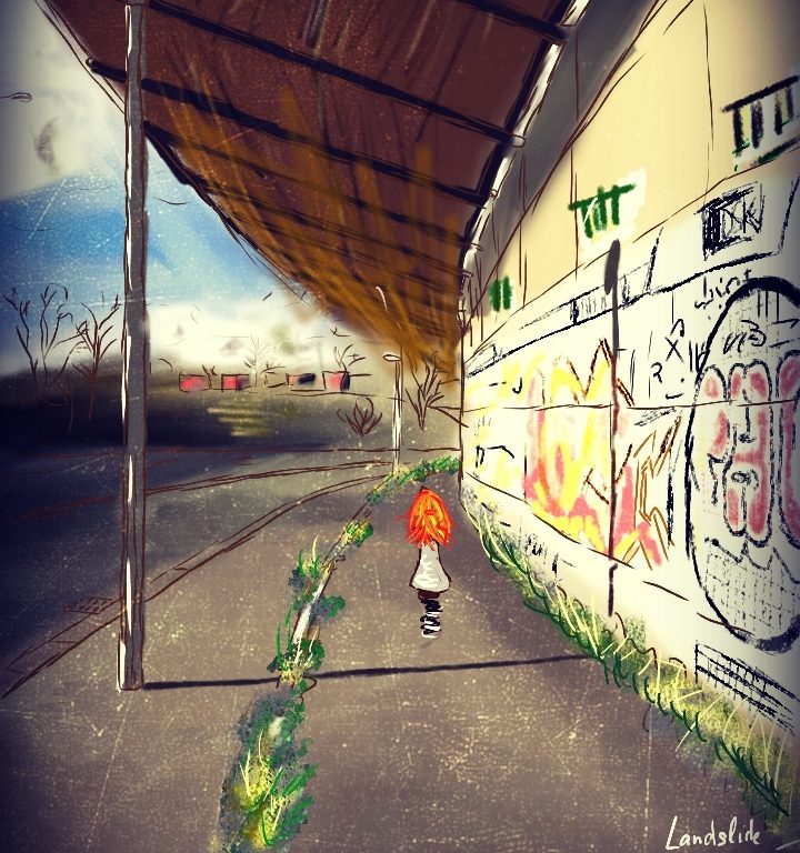 Digitální malba, na které zrzavá holka stojí u zdi, na které jsou nasprejované grafitti, zády k nám. Je slunečný den, sloupy vrhají stíny a na obloze je pár mráčků.