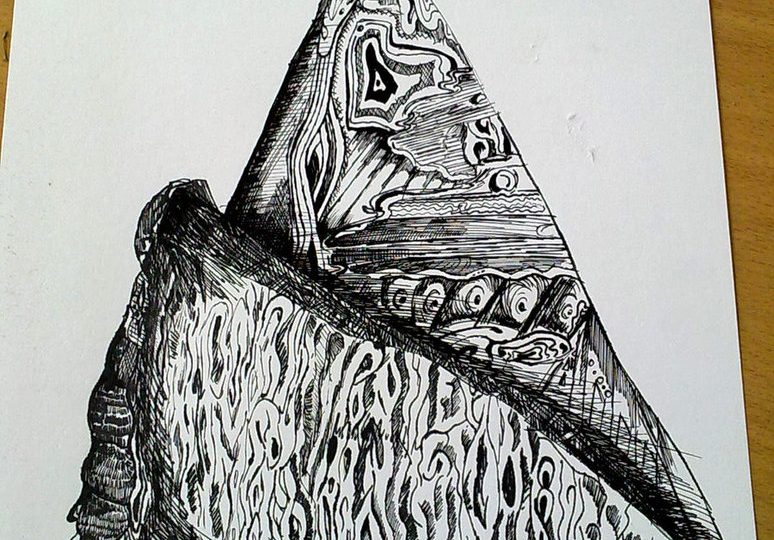 Detailní kresba dřeva černou tuší na bílém papíře.