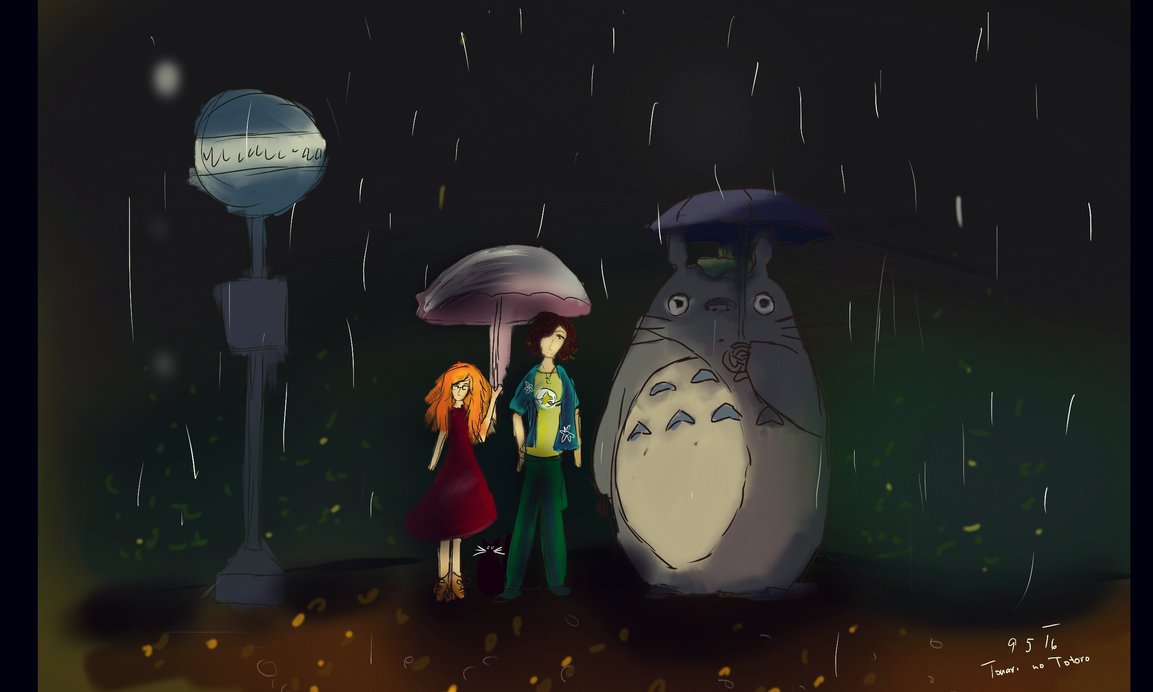 Zrzavá holka s jinou vysokou postavou a Totorem čekají na autobusové zastávce ve tmě a v dešti.