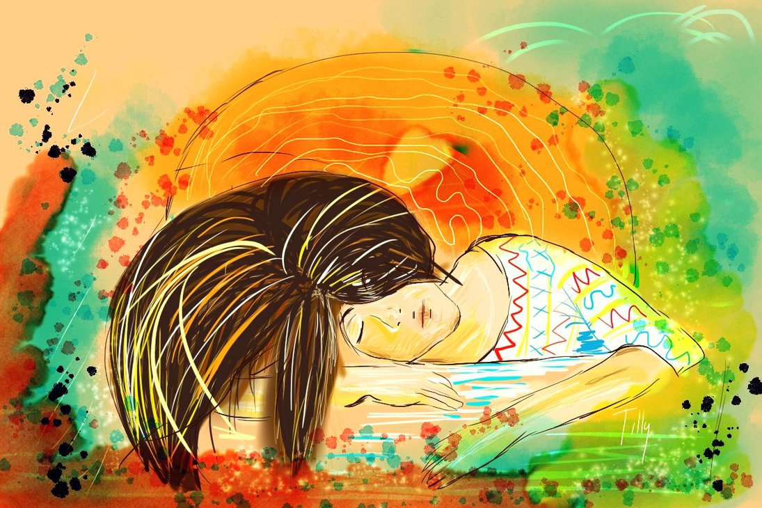 Digitální malba dívky, která spí na barevném podkladu, její dlouhé hnědé vlasy se vlní dopředu přes celý obrázek. Celá malba je velmi lehká a barevná, působí svěžím dojmem.