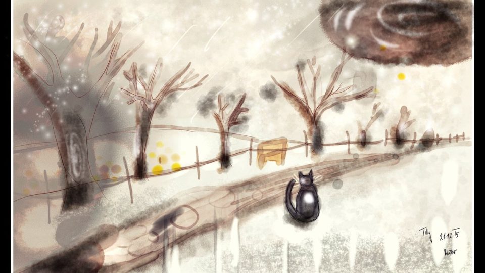 Kresba zimní krajiny - uprostřed se nachází hnědá zasněžená cesta mezi bílými kopci a alejemi stromů bez listí, u cesty sedí zády k nám černá kočka.