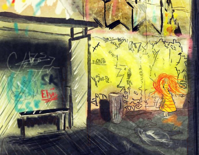 Digitální malba Zrzavé holky, která stojí u zastávky a u stěny, na které je nasprejováno grafitti.