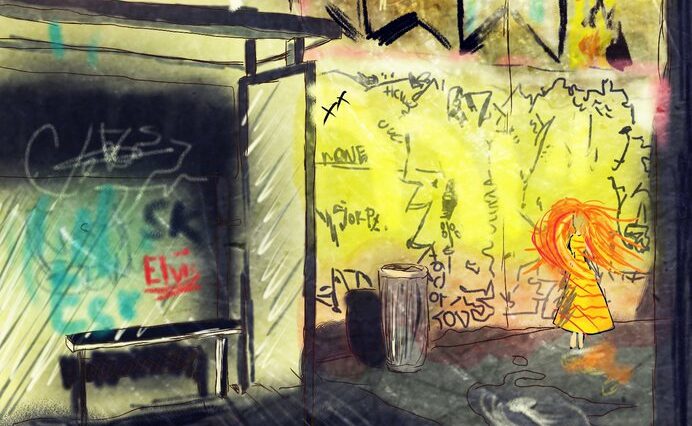 Digitální malba Zrzavé holky, která stojí u zastávky a u stěny, na které je nasprejováno grafitti.