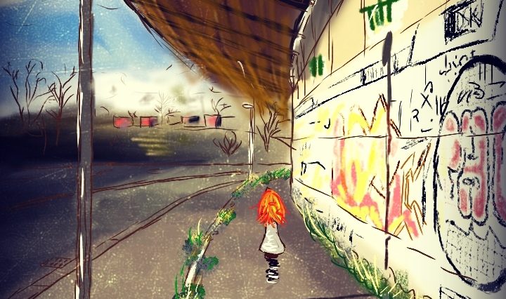 Digitální malba zrzavé holky, která stojí zády k nám uprostřed chodníku, vedle ní stojí veliká stěna s grafitti.