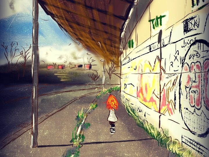 Digitální malba zrzavé holky, která stojí zády k nám uprostřed chodníku, vedle ní stojí veliká stěna s grafitti.
