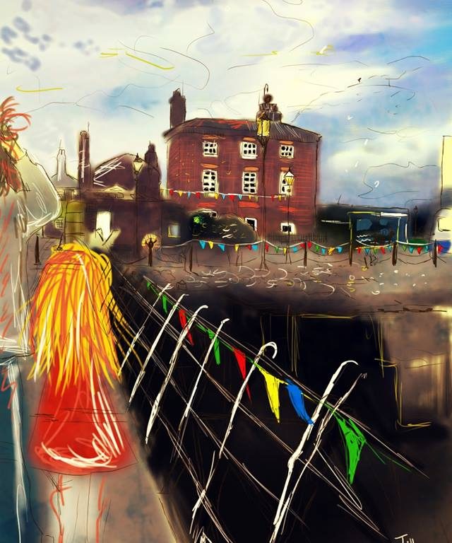 Digitální malba Zrzavé holky a Zity, které spolu stojí na mostě s barevnými vlaječkami v docích v Liverpoolu.