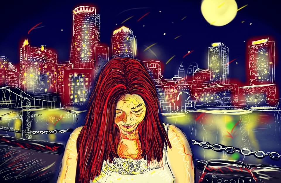 Na obrázku je červenovlasá žena v noci, stojící u řeky se sklopenou hlavou. Za řekou září město.