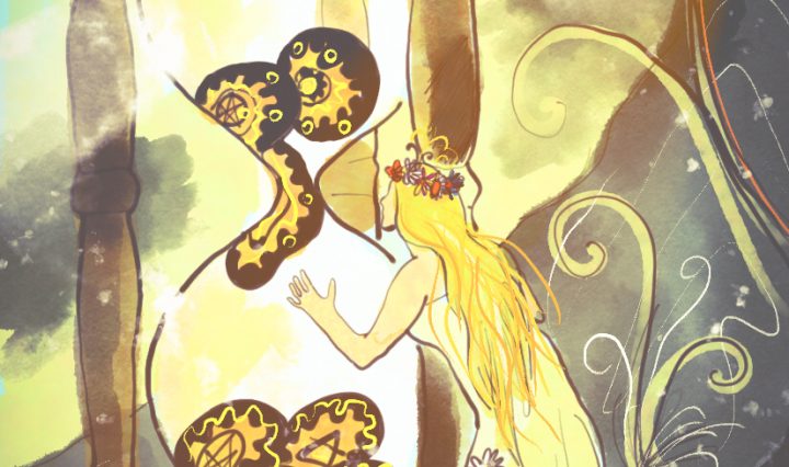 zena se diva na presypaci hodiny, ktere jsou vetsi nez ona a plynou v nich podivne psychedelicke kaminky.