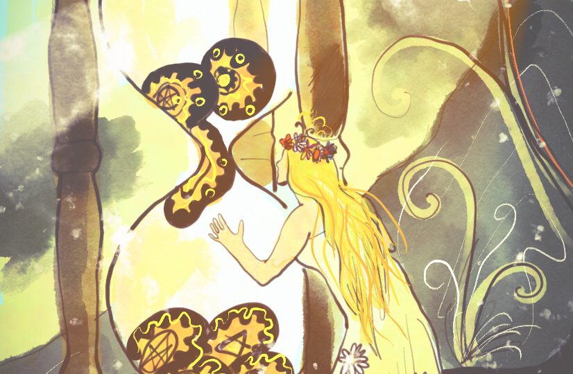 zena se diva na presypaci hodiny, ktere jsou vetsi nez ona a plynou v nich podivne psychedelicke kaminky.