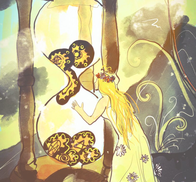 zena se diva na presypaci hodiny, ktere jsou vetsi nez ona a plynou v nich podivne psychedelicke kaminky.